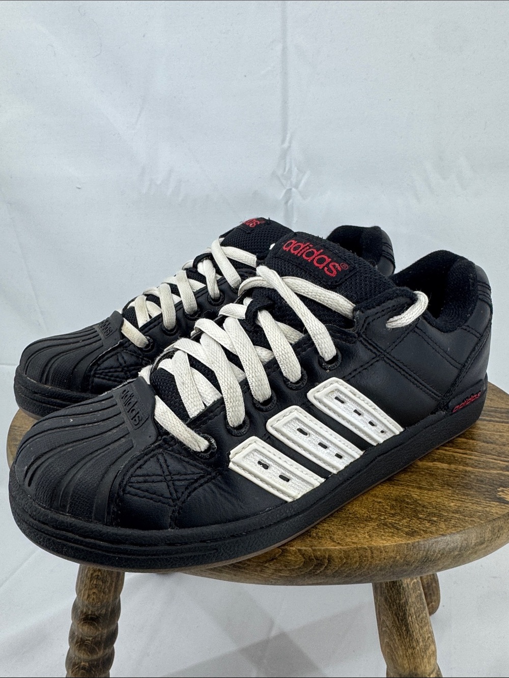 adidas Youth Boys Superstar II Skate Black Leather Sneakers w/ Red Branding, 4.5